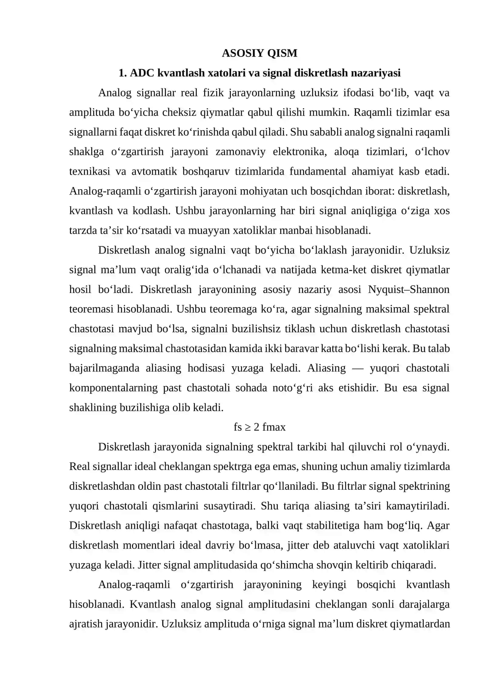 ADC kvantlash xatolari va signal diskretlash nazariyasi. Arduino asosida analog raqamli o’zgartirgich qurilmasi ishlab chiqish. 4