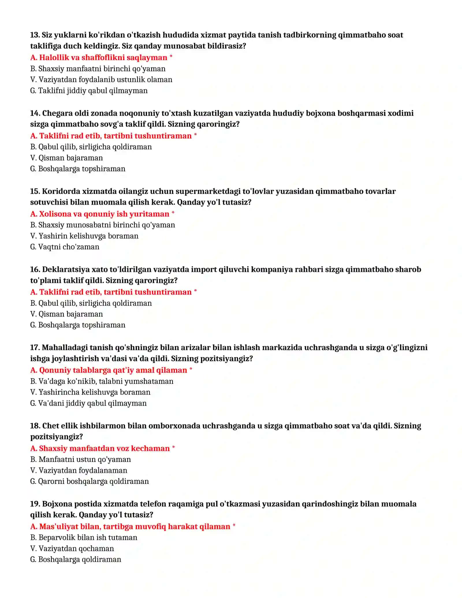 BOJXONA AKADEMIYASI - KASBIY TANLOV TEST SAVOLLARI (№ 64) 4