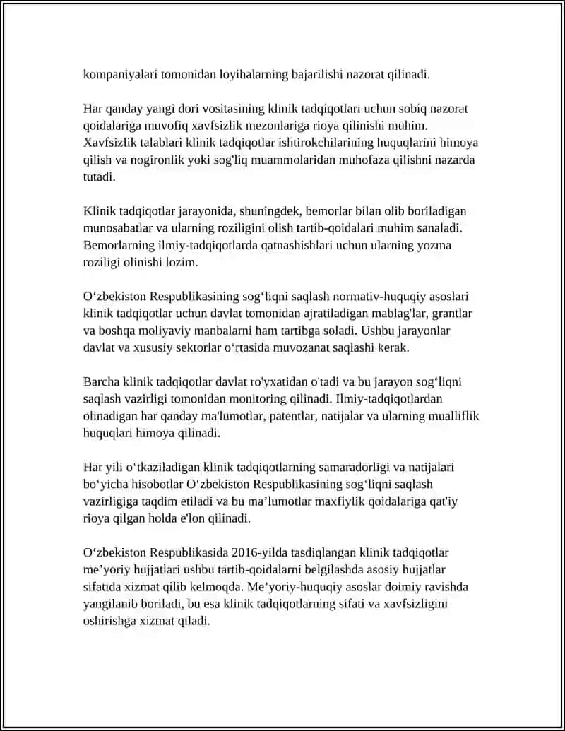 OʻZBEKISTON RESPUBLIKASINI SSV. KLINIK TADQIQOTLAR BOʻYICHA MEʼYORIY HUJJATLAR-TOSHKENT 2016 4