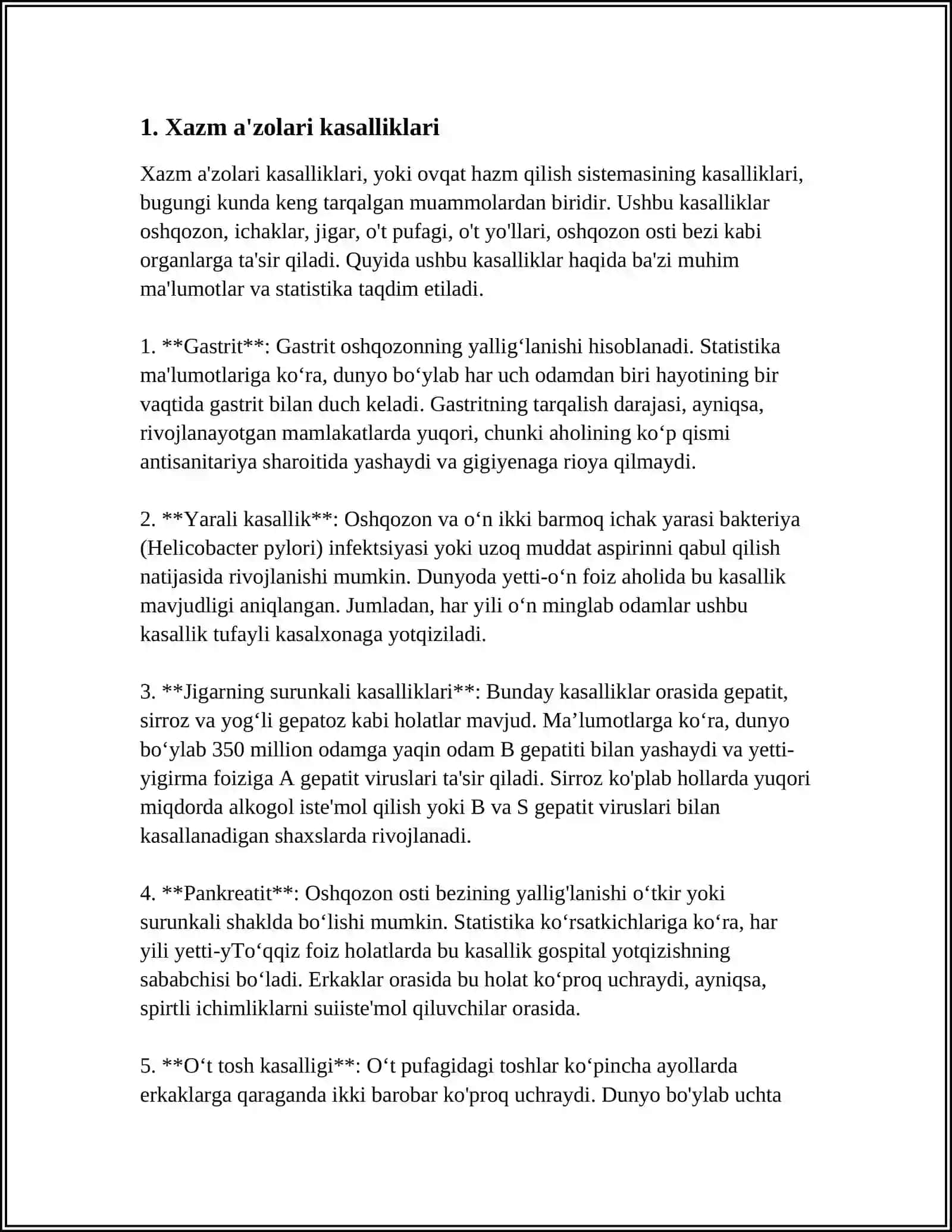 XAZM A"ZOLARI BILAN KASALLANGAN BEMORLARNI TEKSHIRISH USULLARI. SO'RAB-SURISHTIRISH. ASOSIY SHIKOYATLARI. SIMPTOMLAR MEXANIZMI VA DIAGNOSTIK AHAMIYATI. UMUMIY KOZDAN KECHIRISH EA OG'IZ BO'SHLIG'INI KO'RISH, _ QORINNI KOZDAN KECHIRISH. QORIN BO'SHLIG'I A'ZOLARINI PALPATSIYASI (YUZAKI VA CHUGUR). DIAGNOSTIK AHAMIYATI 4