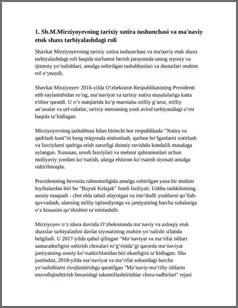 O‘ZBEKISTON RESPUBLIKASI PREZIDENTI SH.M.MIRZIYOEVNING MA’NAVIY ETUK SHAXSNI TARBIYALASHDA TARIXIY XOTIRANING O‘RNI VA SABOQLARI TO‘G‘RISIDAGI FIKRLARI 4