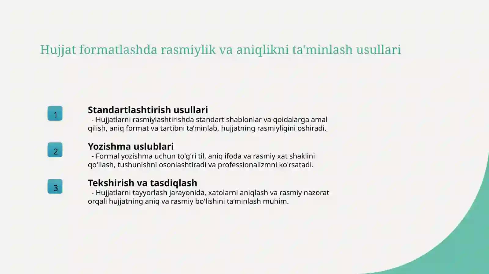 Tashkiliy hujjat namunalari bilan ishlash Farmoyish hujjat namunalari bilan ishlash Ma’lumot-axborot hujjatlari bilan ishlash Xizmat yozishmalari namunalari bilan ishlash Rasmiy xat namunalari bilan ishlash Diplomatik yozish 4