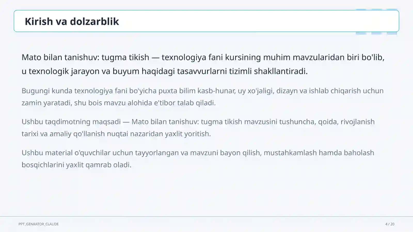 Mato bilan tanishuv: tugma tikish (2-sinf) 4