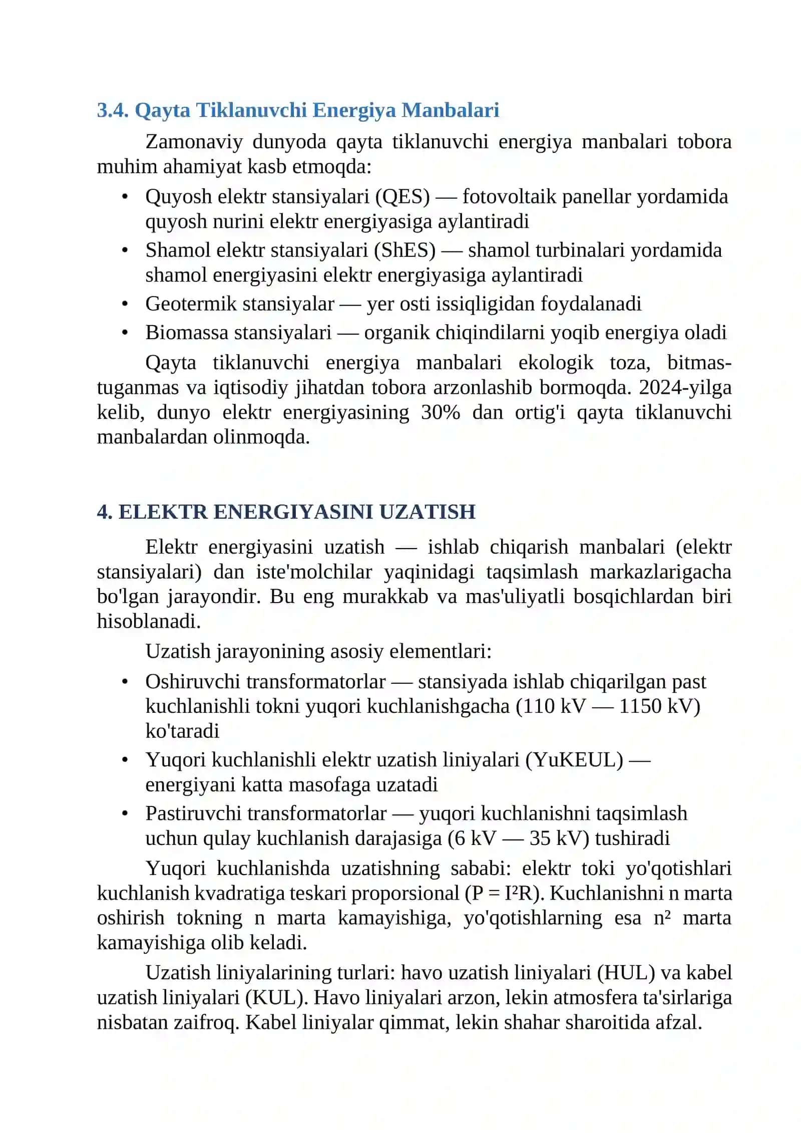 ELEKTR ENERGIYANI ISHLAB CHIQARISH, UZATISH VA TAQSIMLASH 4