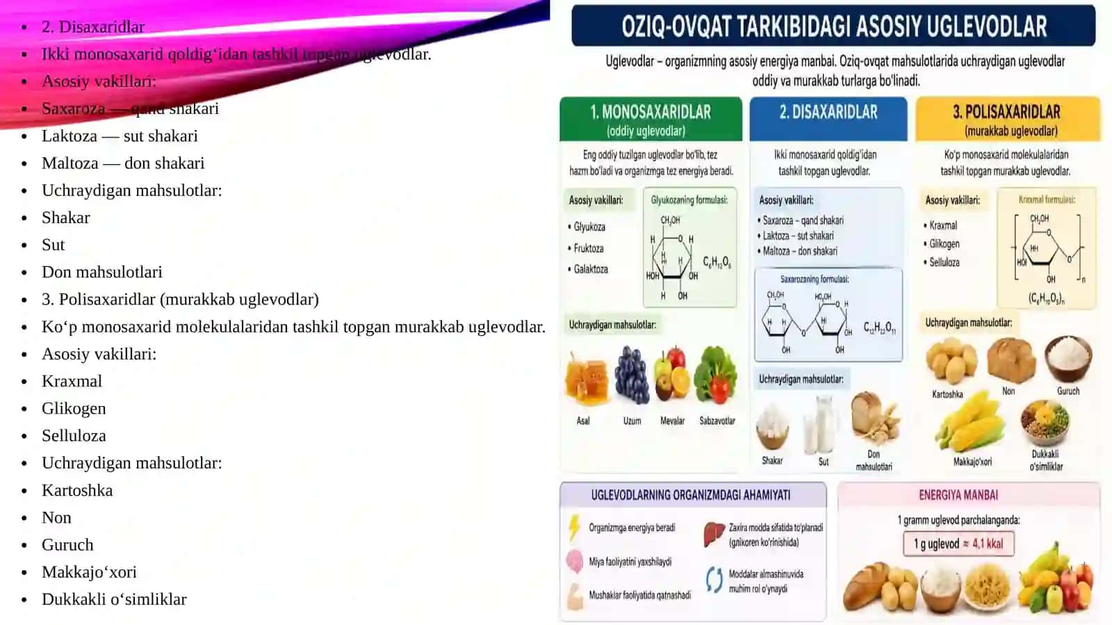 UGLEVODLAR. MONOSAXARIDLAR TUZILISHI VA XOSSALARI. DI-, GOMO- VA GETEROPOLISAXARIDLAR 4