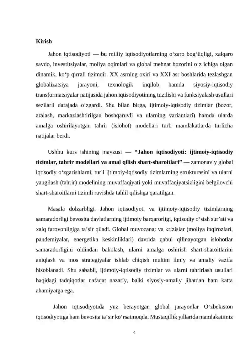 Jahon iqtisodiyoti ijtimoiy-iqtisodiy tizimlar, ularning modellari va amal qilish shart sharoitlari 4