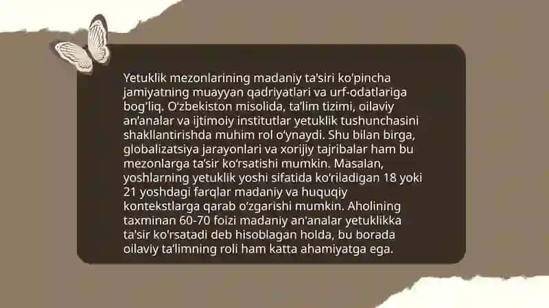 Turli xalq va tarixiy davralarda yetuklik mezonlarining o'xshashligi. Insonning hayoti davomida "akme" Cho'qqisi. 4