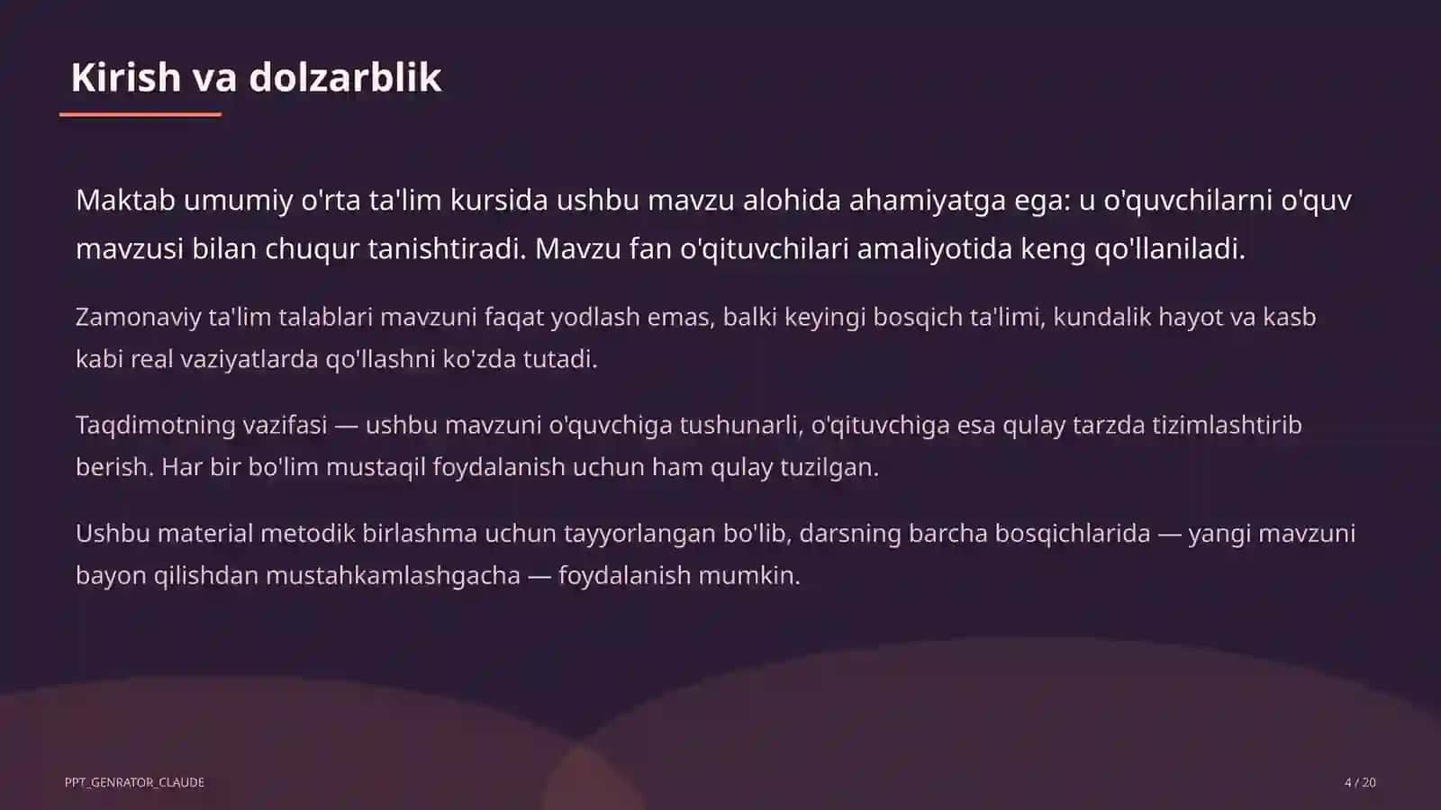 Dolzarb mavzular — maktab va o'qituvchilar (2026) — metodik birlashma uchun 4