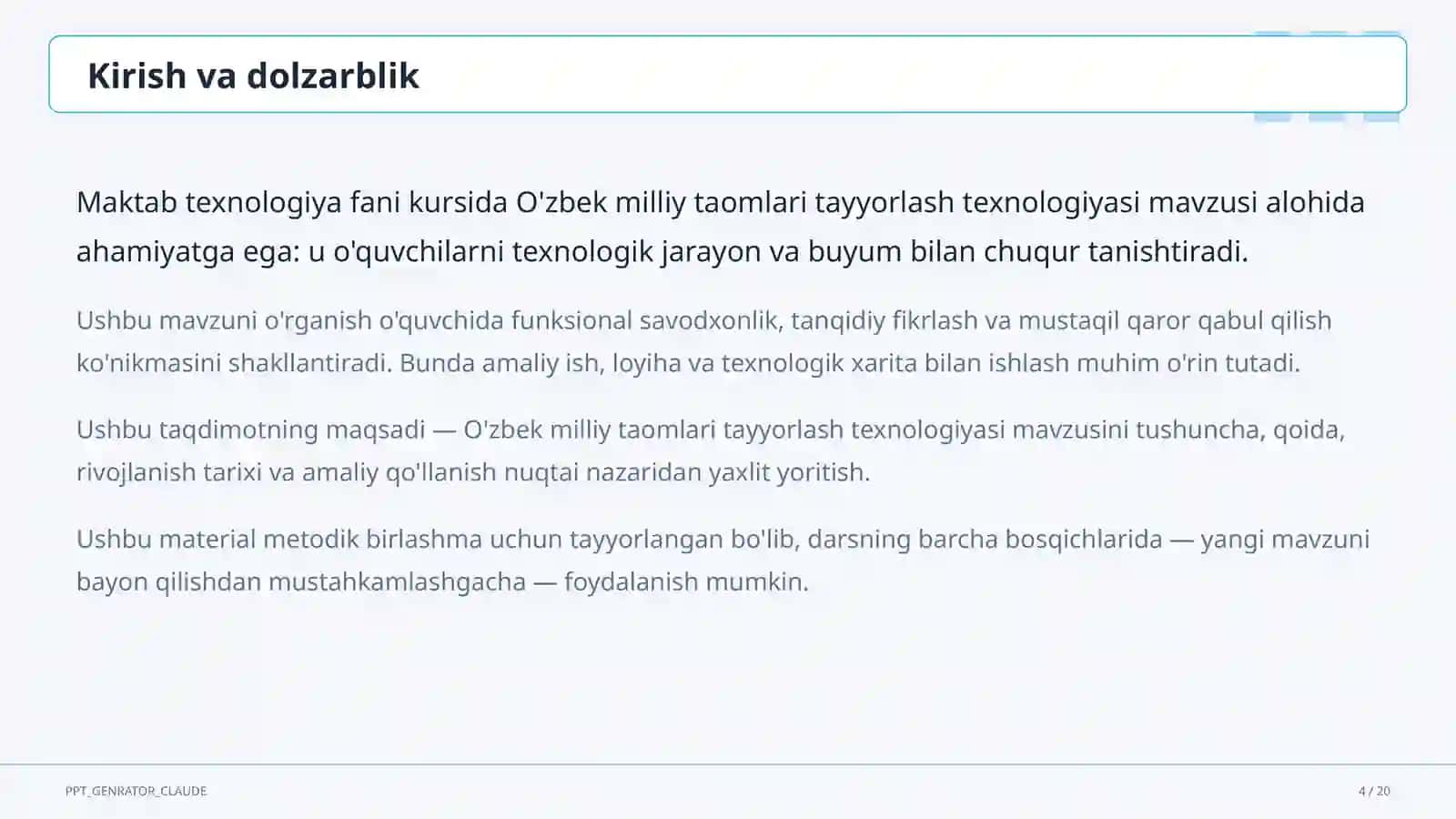O'zbek milliy taomlari tayyorlash texnologiyasi (6-sinf) 4