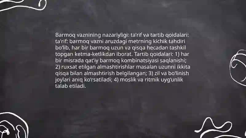Aruz vazni, barmoq vazni:nazariy adabiyotlar 4