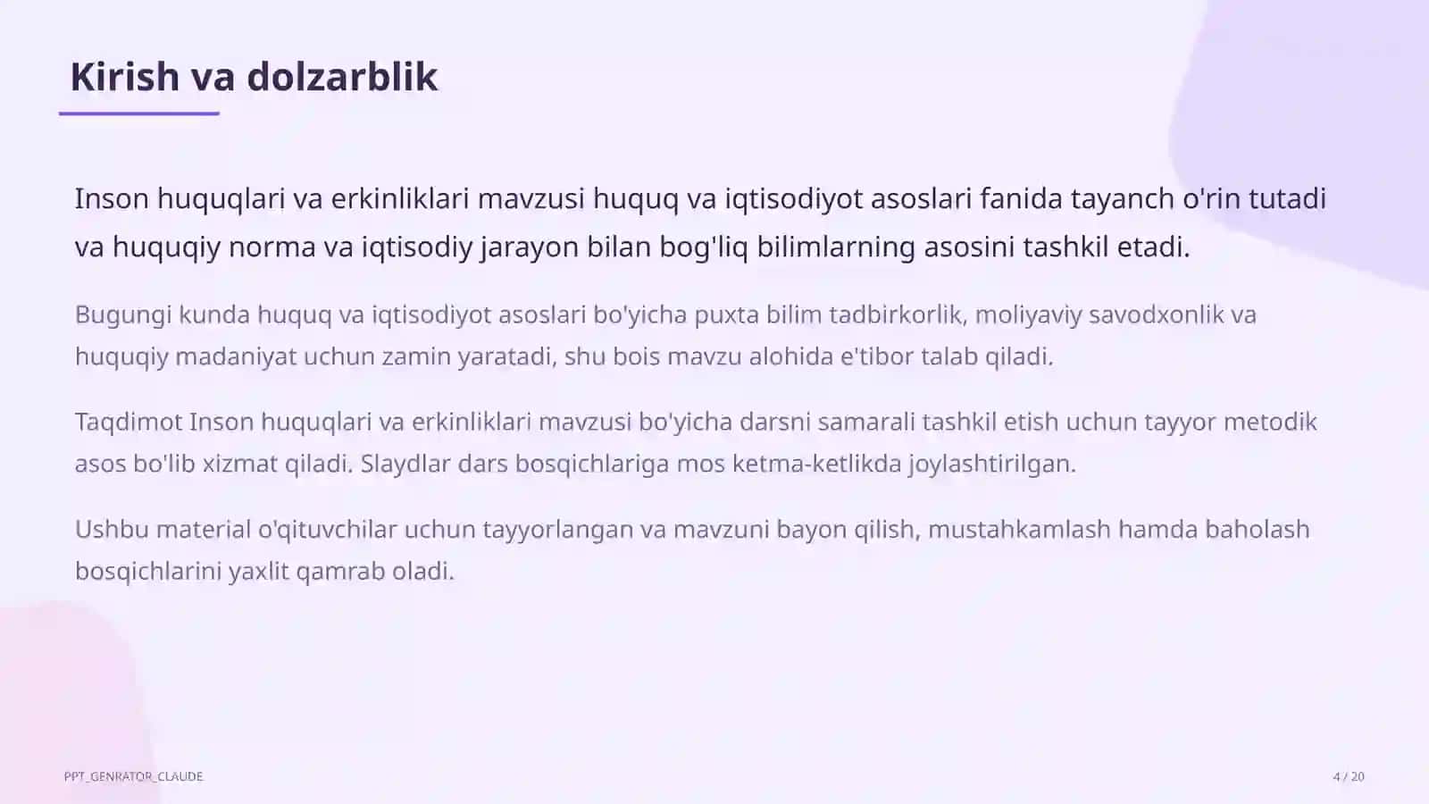 Huquq va iqtisodiyot asoslari (9–11) — o'qituvchilar uchun 4