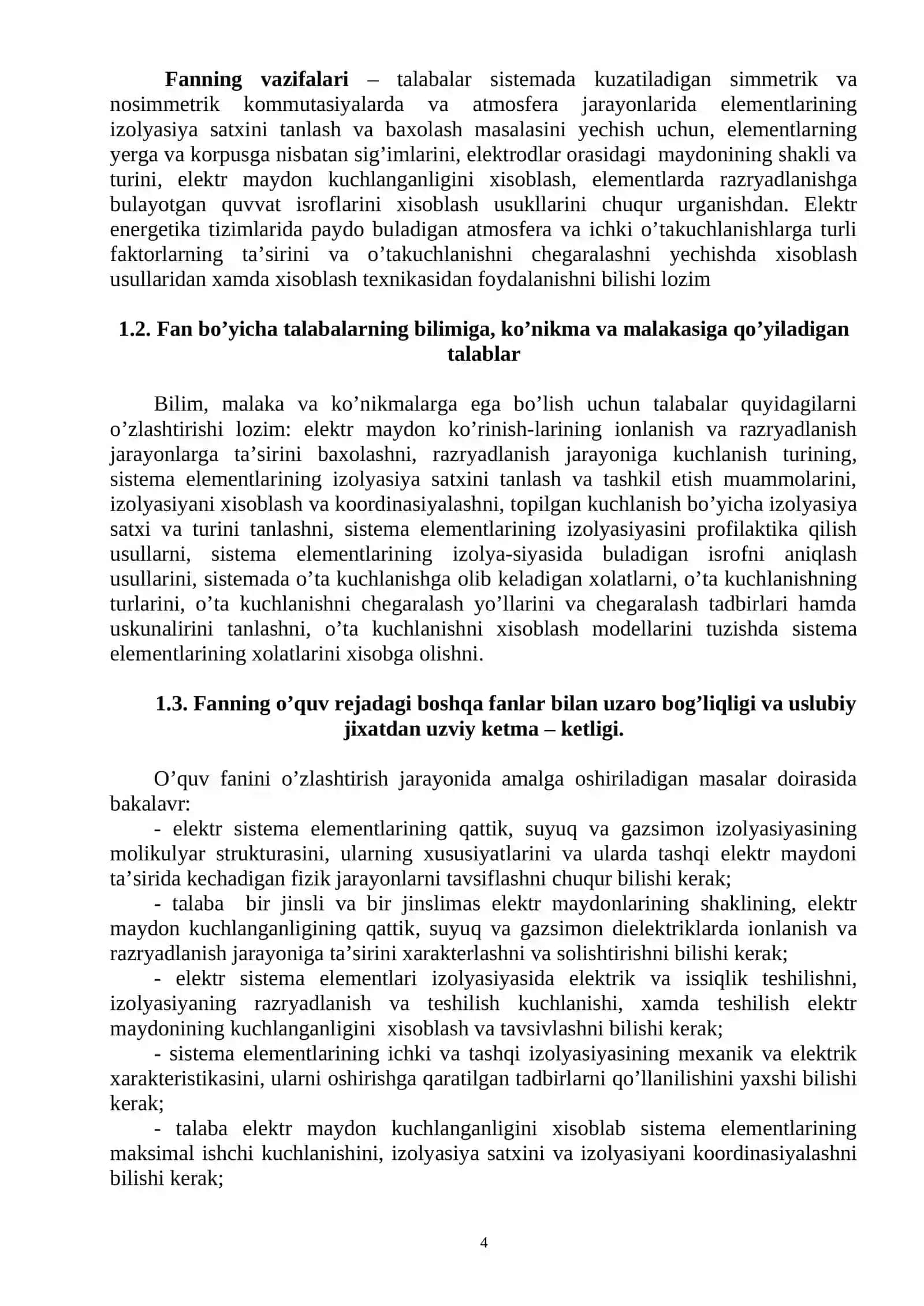 ELEKTR IZOLYATSIYASI VA KABEL TEXNIKASI FAN DASTURI 4