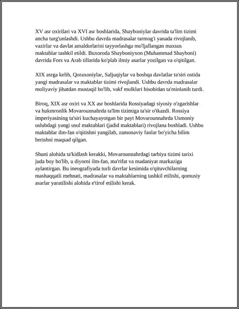 XIV ASRNING IKKINCHI YARMI VA XVI ASRDA MOVARAUNNAHRDA TARBIYA, MAKTAB VA PEDAGOGIK FIKRLAR RIVOJI. 4