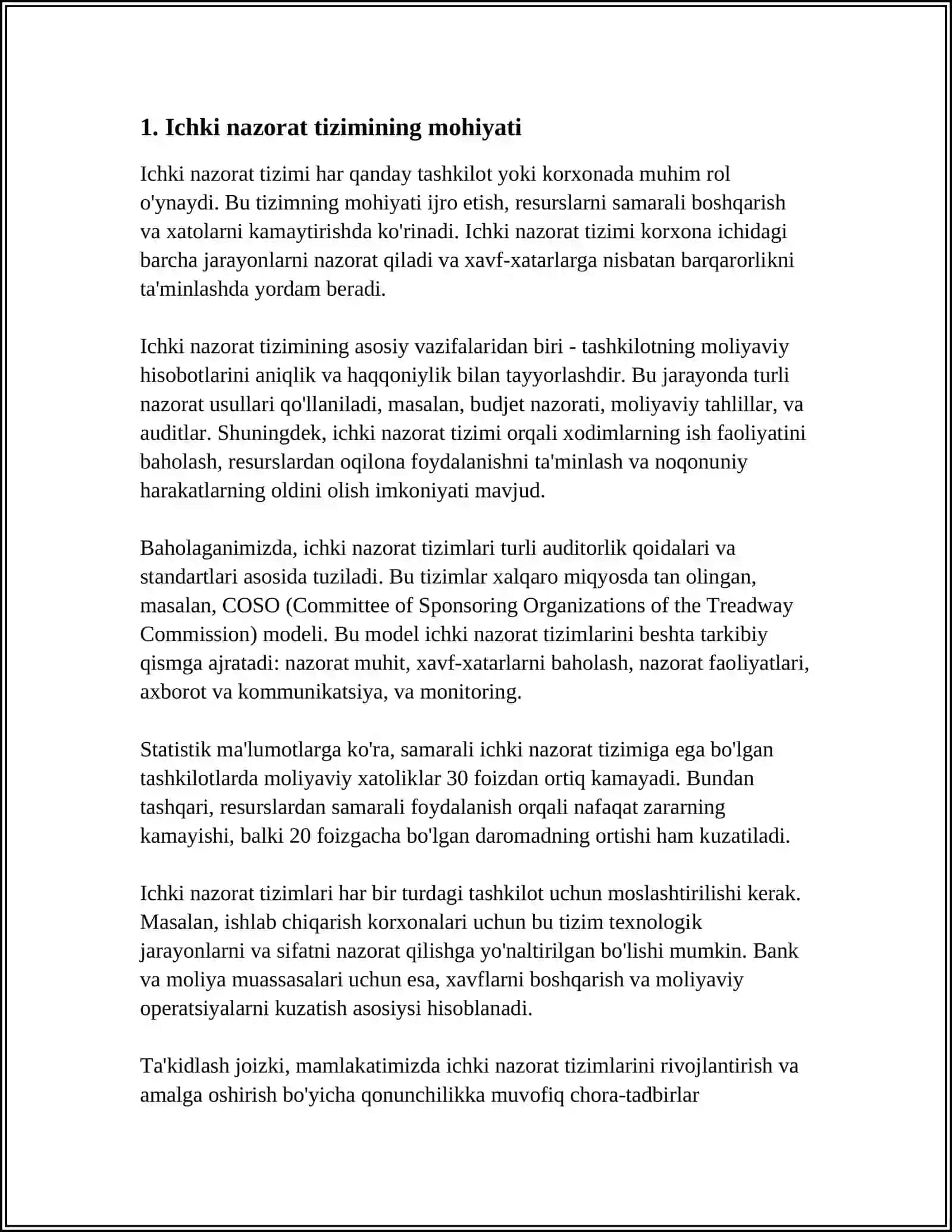 AUDITORLIK TEKSHIRUVI JARAYONIDA KORXONALAR ICHKI NAZORAT TIZIMINING SAMARADORLIGINI BAHOLASH 4