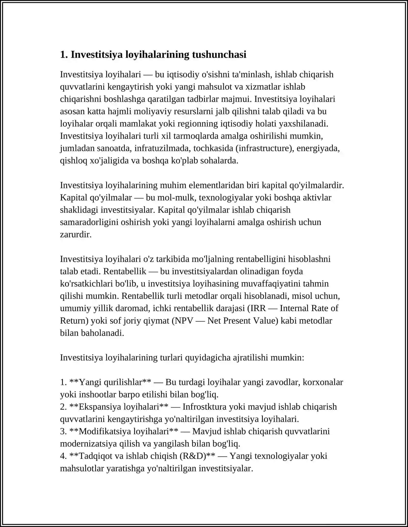 INVESTITSIYA LOYIHALARINING MOLIYAVIY VA IQTISODIY SAMARADORLIGINI BAHOLASHNING MAZMUNI VA MOHIYATI 4