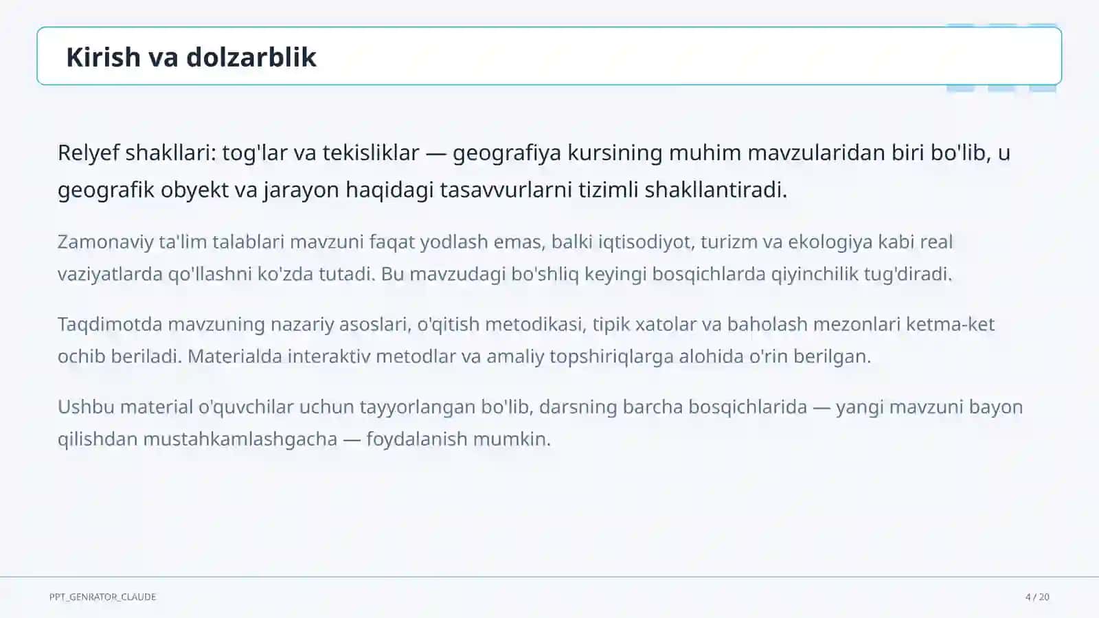 Relyef shakllari: tog'lar va tekisliklar (5-sinf) 4