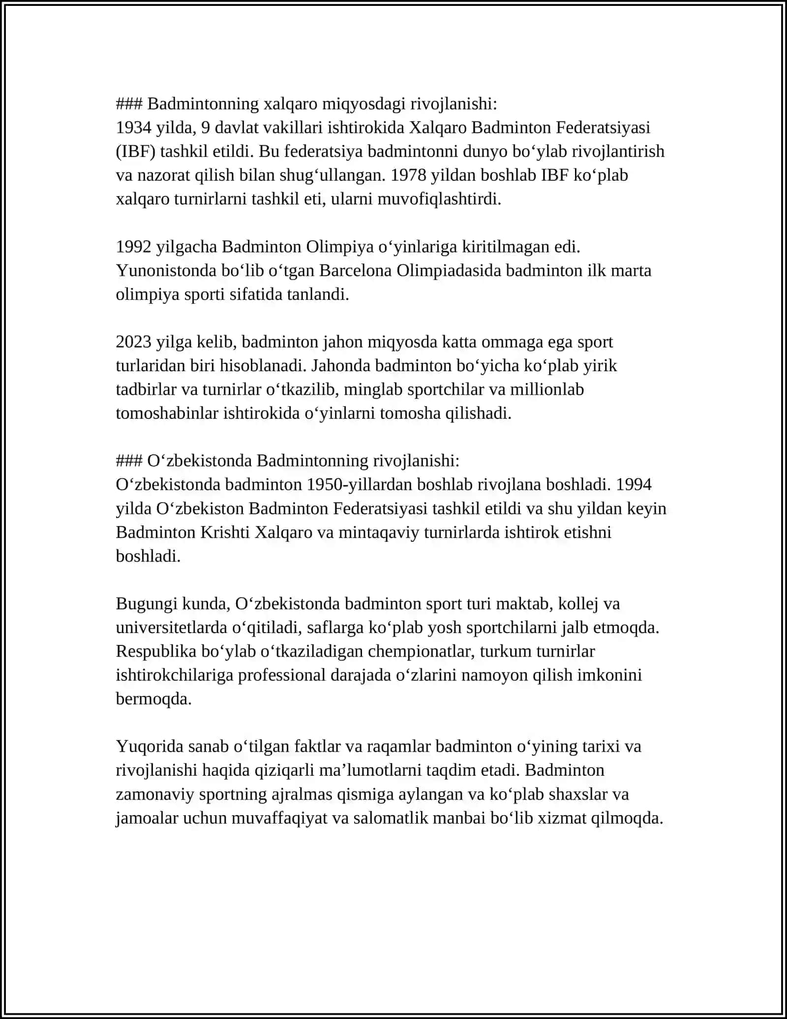 BADMINTON SPORT O‘YINI HAQIDA.BADMINTON O‘YIN TEXNIKASI VA TAKTIKASI 4