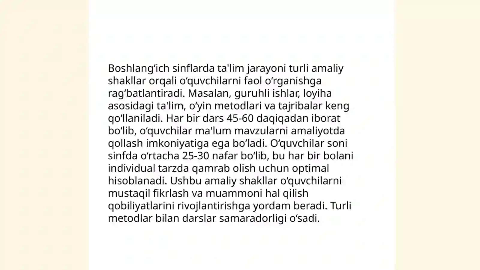Boshlangich sinflarda talim – tarbiya ishlarini tashkil qilishning amaliy shakillari. Oquvchilarni manaviy axloqiy tayyorlash. Nafosat tarbiyasi. Uning maqsad va vazifalari. Mehnat tarbiyasi. Uning maqsad va vazifalari. Oilada tarbiya asoslari 4