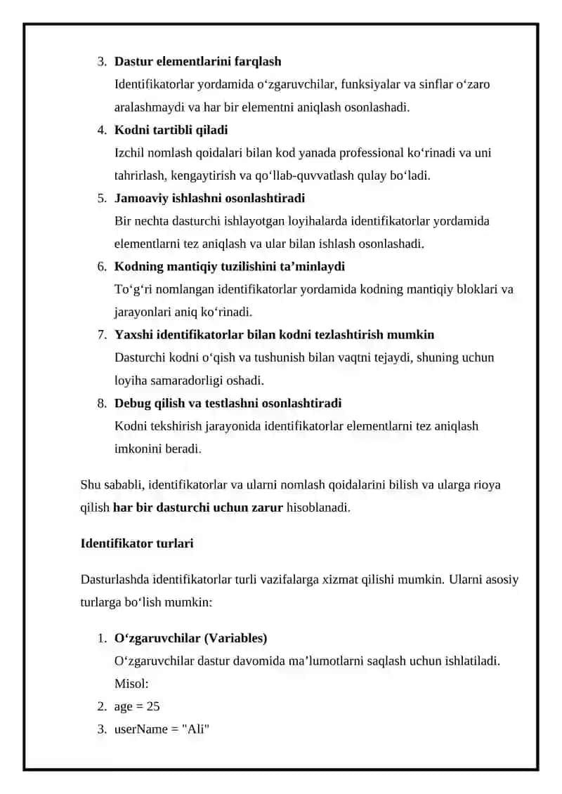 Identifikatorlar va nomlash qoidalari 4