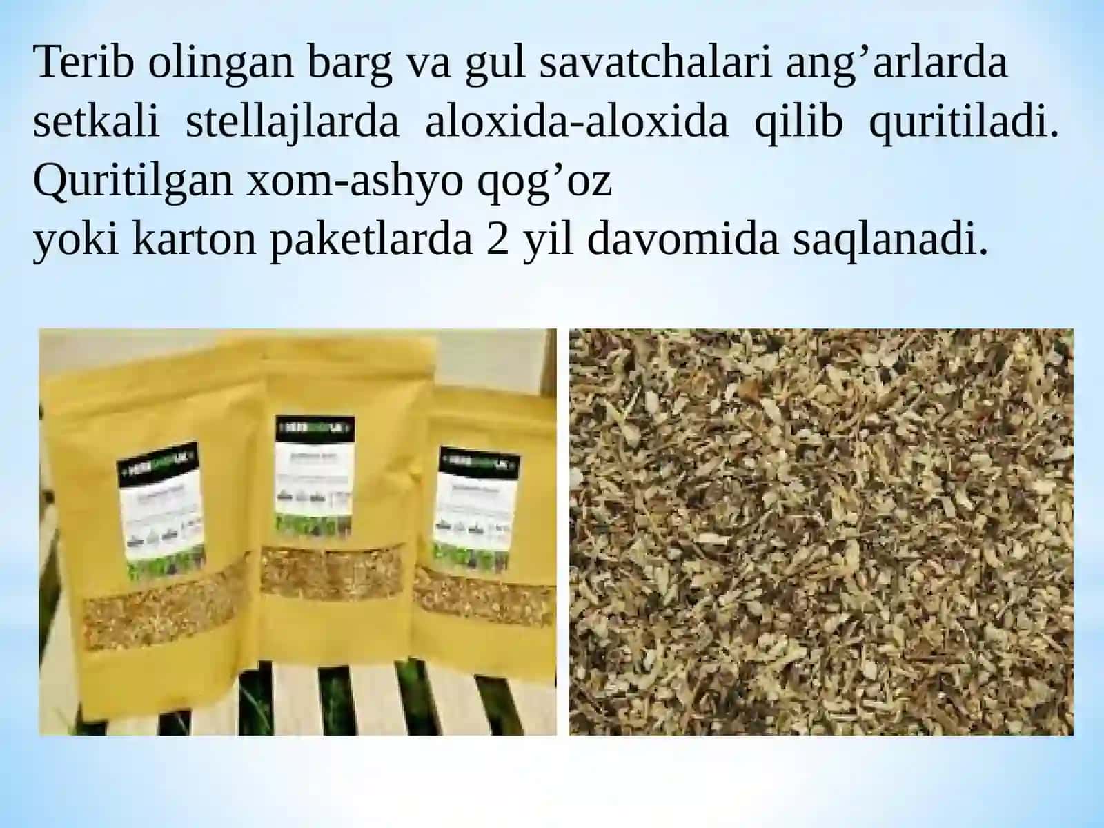 POLISAXARIDLAR (GOMOGLIKOZIDLAR) SAQLOVCHI DORIVOR O’SIMLIK XOM ASHYOLARINI TAYYORLASH, QADOQLASH VA SAQLASH USULLARI 4