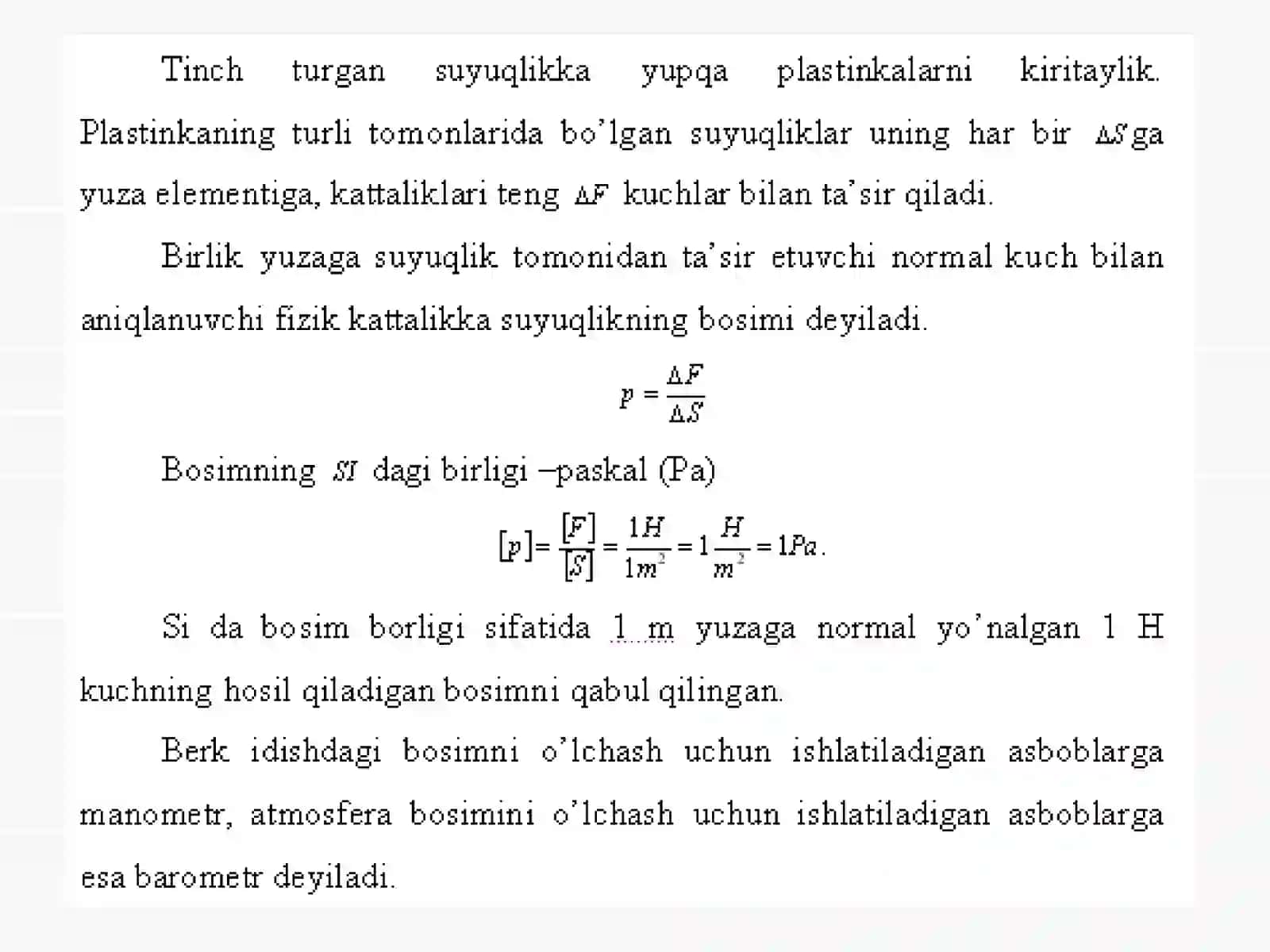 Suyuqlik va Gazlarda Bosim 4