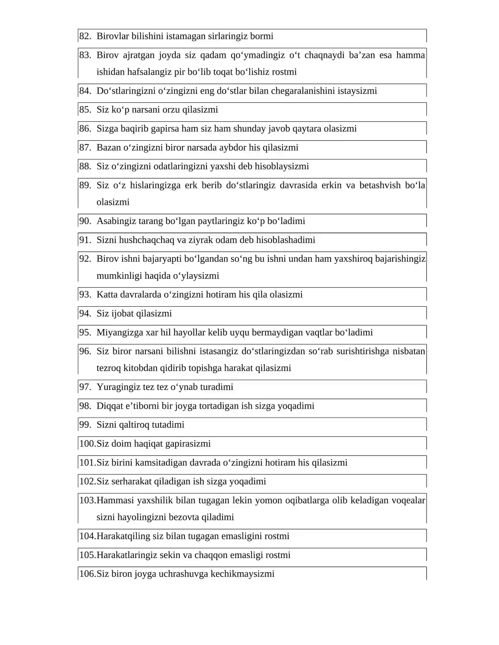 O'zbekiston Respublikasi Harbiy xavfsizlik va mudofaa universiteti HA/YO’Q PSIXOLOGIK TEST SAVOLLARI 4