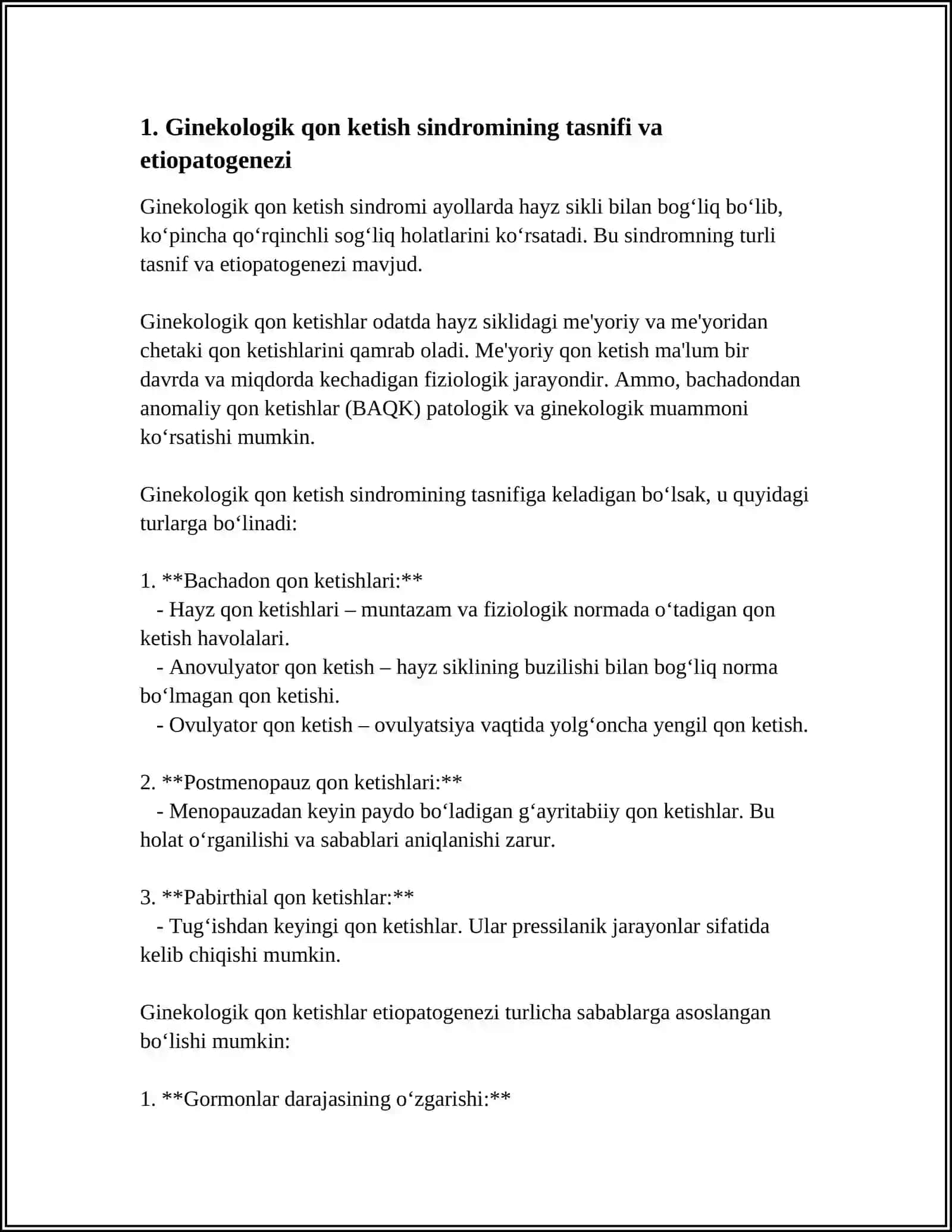 GINEKOLOGIYADA QON KETISH SINDROMI. HAYZ SIKLINING BOSHQARILISHI. BACHADONDAN ANOMAL QON KETISHI. BDQKDA HAMSHIRALIK JARAYONI 4