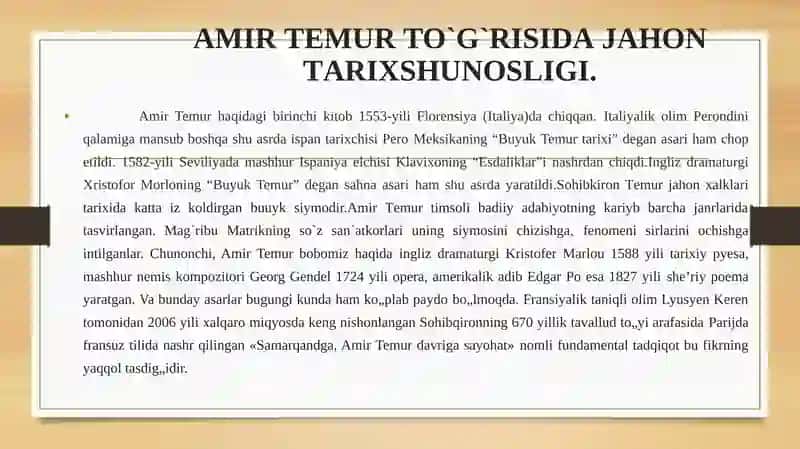 MANBASHUNOSLIK VA TARIXSHUNOSLIKFANI O'QITUVCHISI TEMURVA TEMURIYLARDA VRITARIXSHUNOSLIGI 4