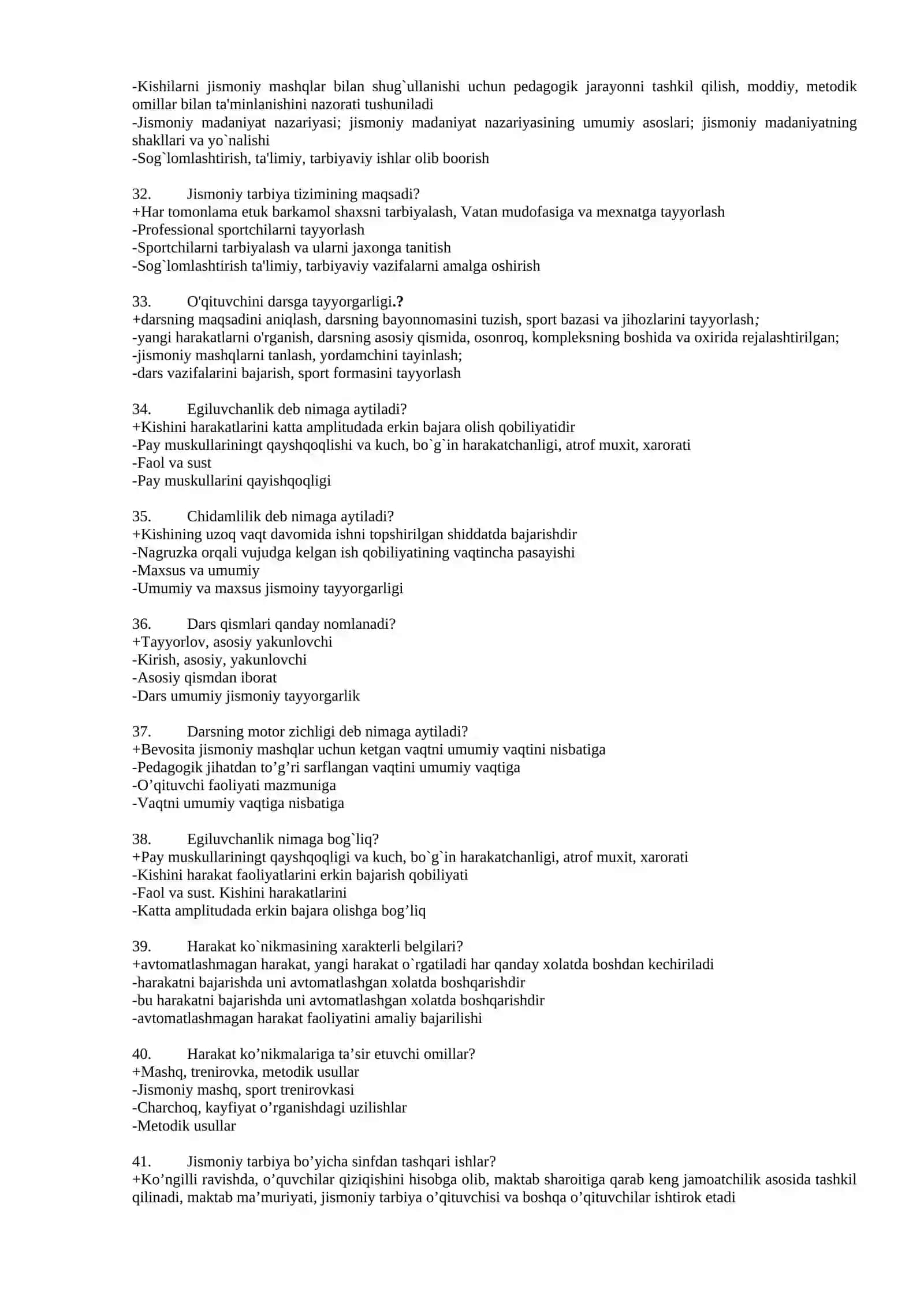 Jismoniy tarbiya nazariyasi va metodikasi fanidan oraliq nazorat uchun testlar to’plami 4