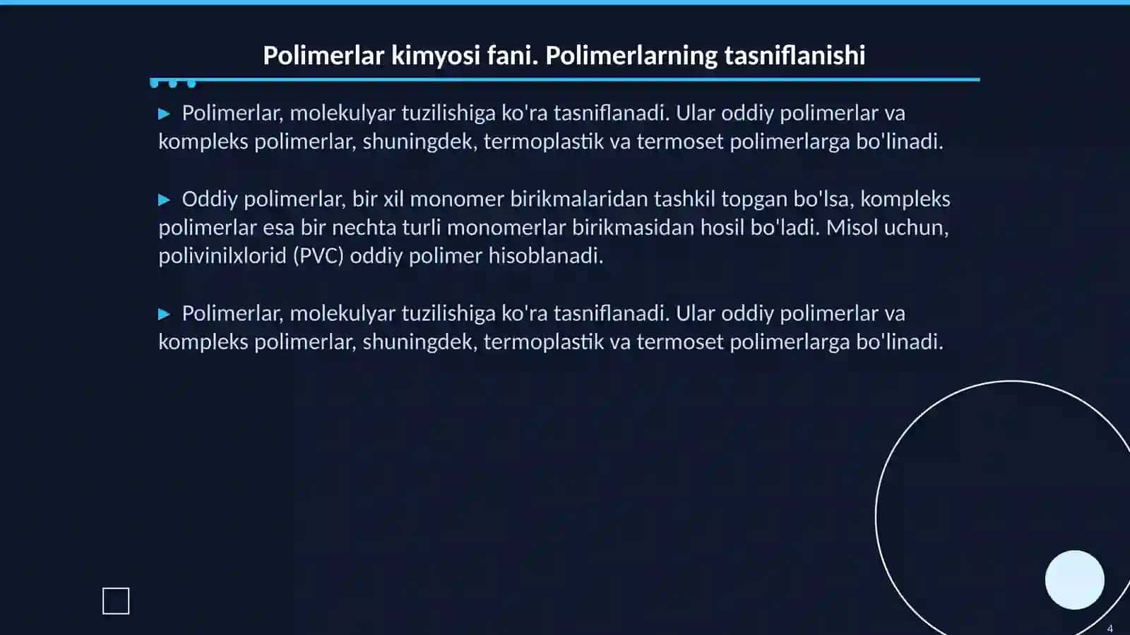 Polimerlar kimyosi fani. Polimerlar va ularning oʻziga xos xususiyatlari 4