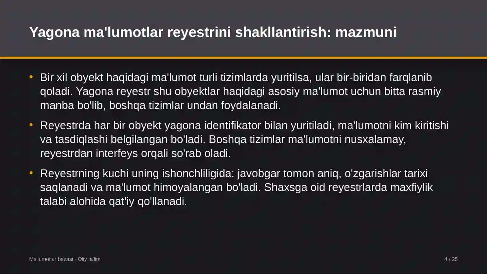 tamaki sanoatida yagona ma'lumotlar reyestrini shakllantirish 4412 4