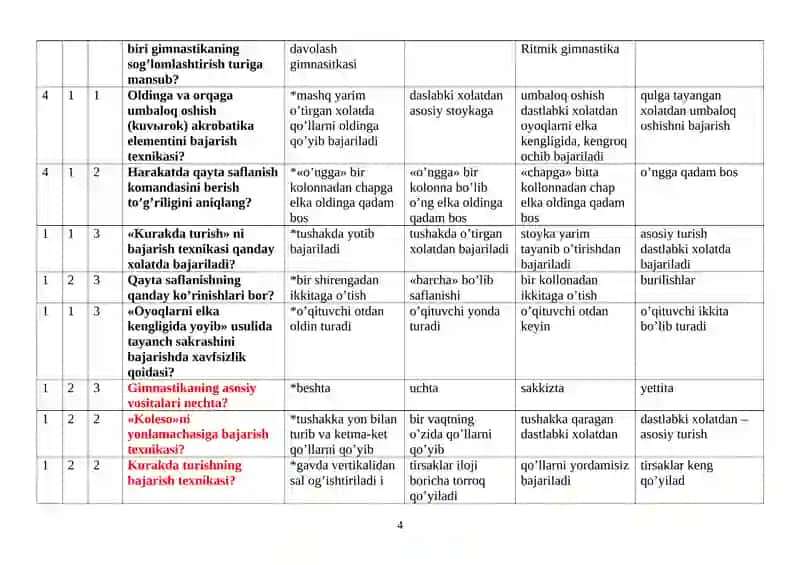Gimnastika va uni o’qitish metodikasi - 2-kurslar uchun test savollari va javoblari 4