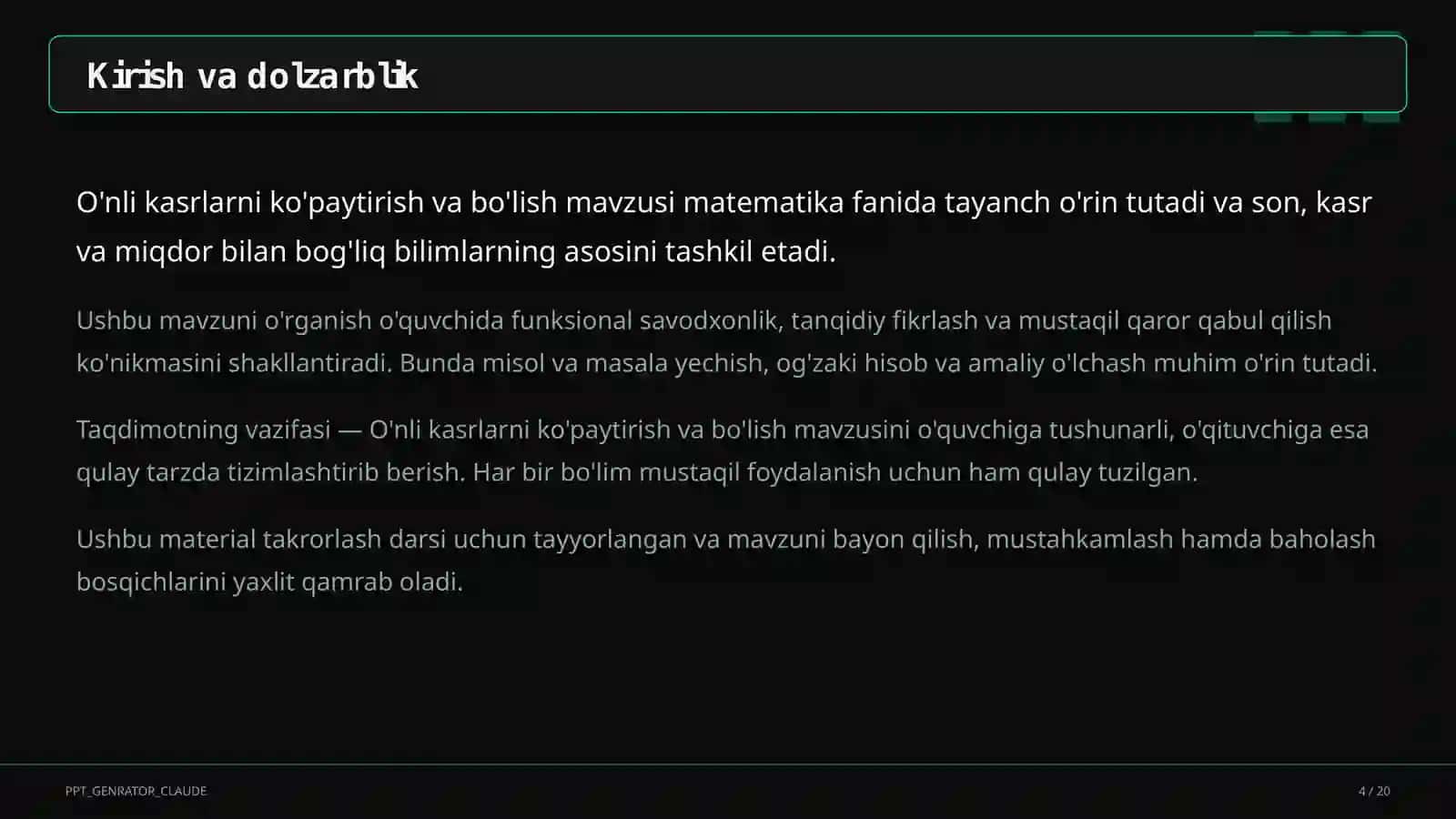 O'nli kasrlarni ko'paytirish va bo'lish (5-sinf) 4