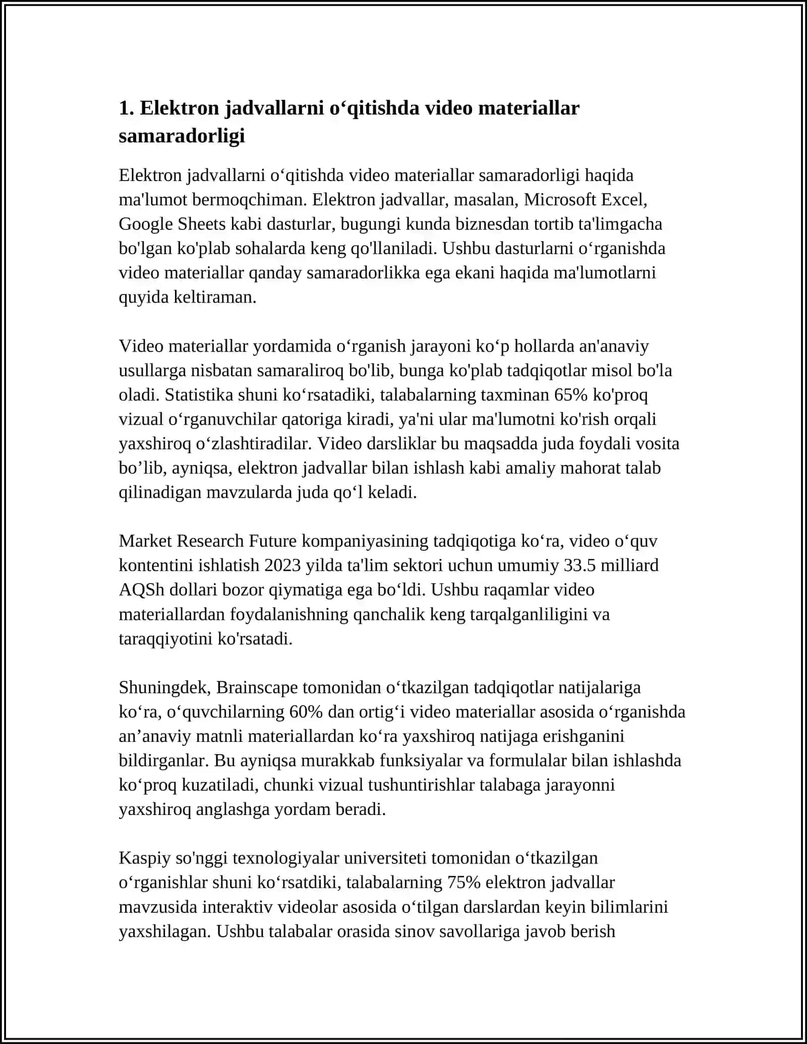 ELEKTRON JADVALLAR BILAN ISHLASH MAVZUSINI O'QITISHDA VIDEO MA'RUZALARIDAN FOYDALANISH METODIKASI 4