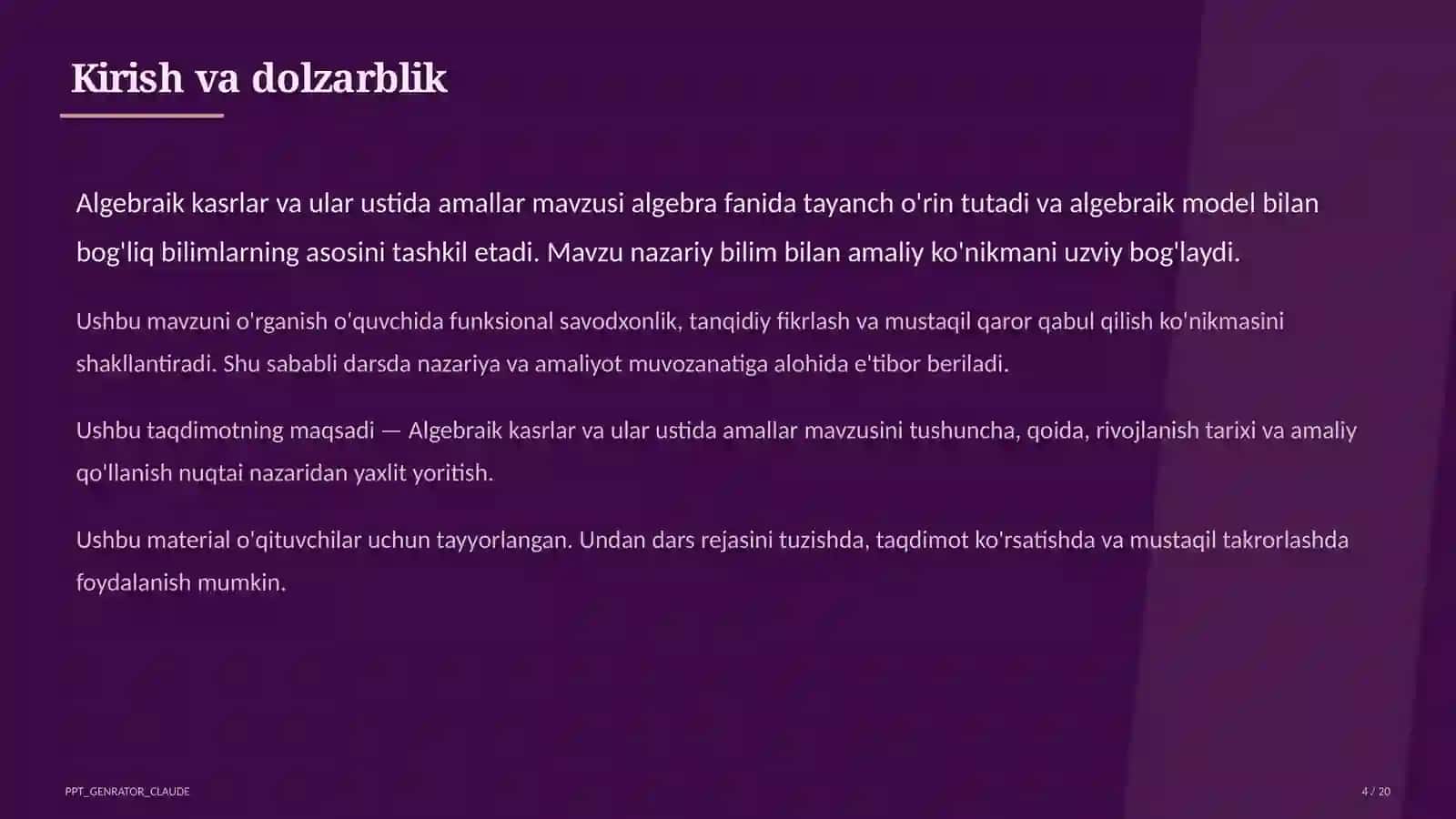 Algebraik kasrlar va ular ustida amallar (8-sinf) 4