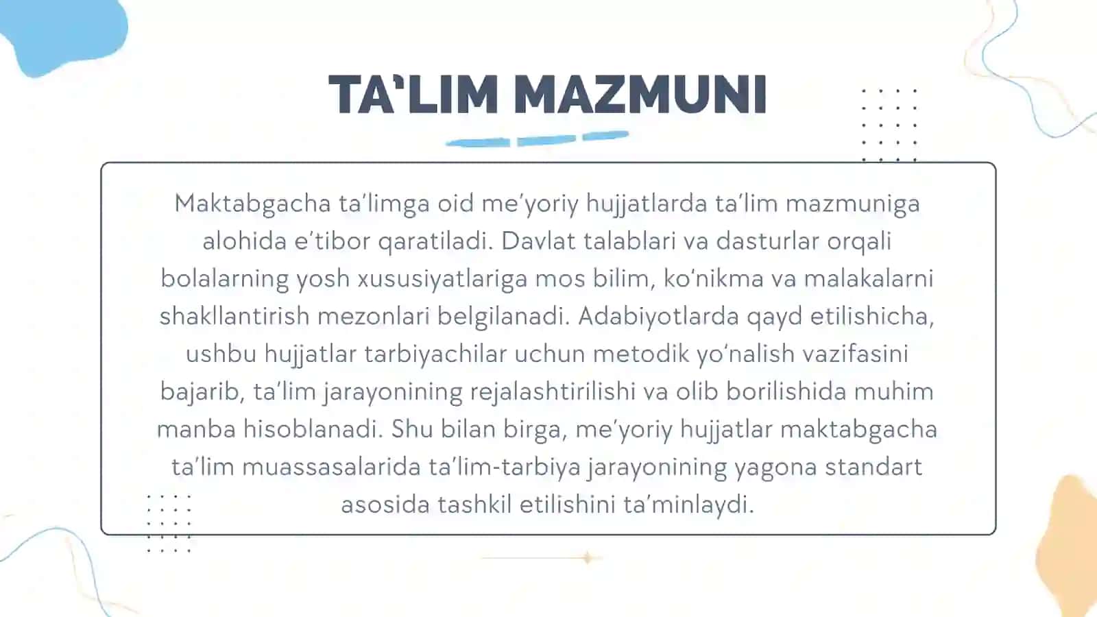 MAKTABGACHA TA’LIM TIZIMIGA OID BO‘LGAN ME’YORIY HUJJATLAR BILAN TANISHTIRISH 4