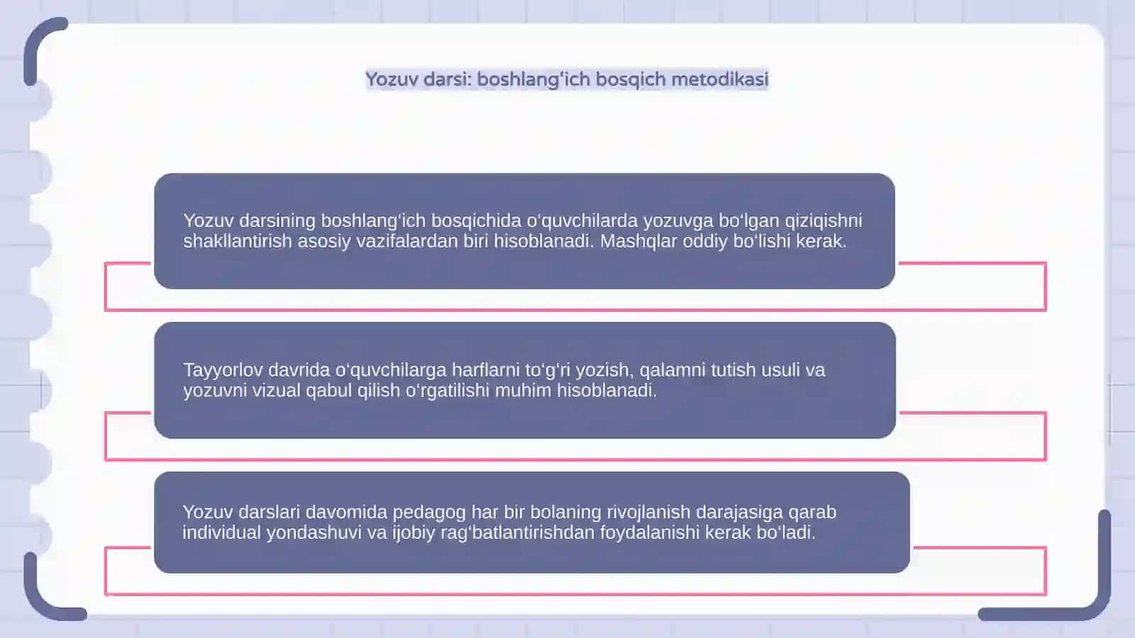 Savod o‘rgatishning tayyorlov davri yozuv darsi uchun metodik tavsiyalar ishlab chiqish 4