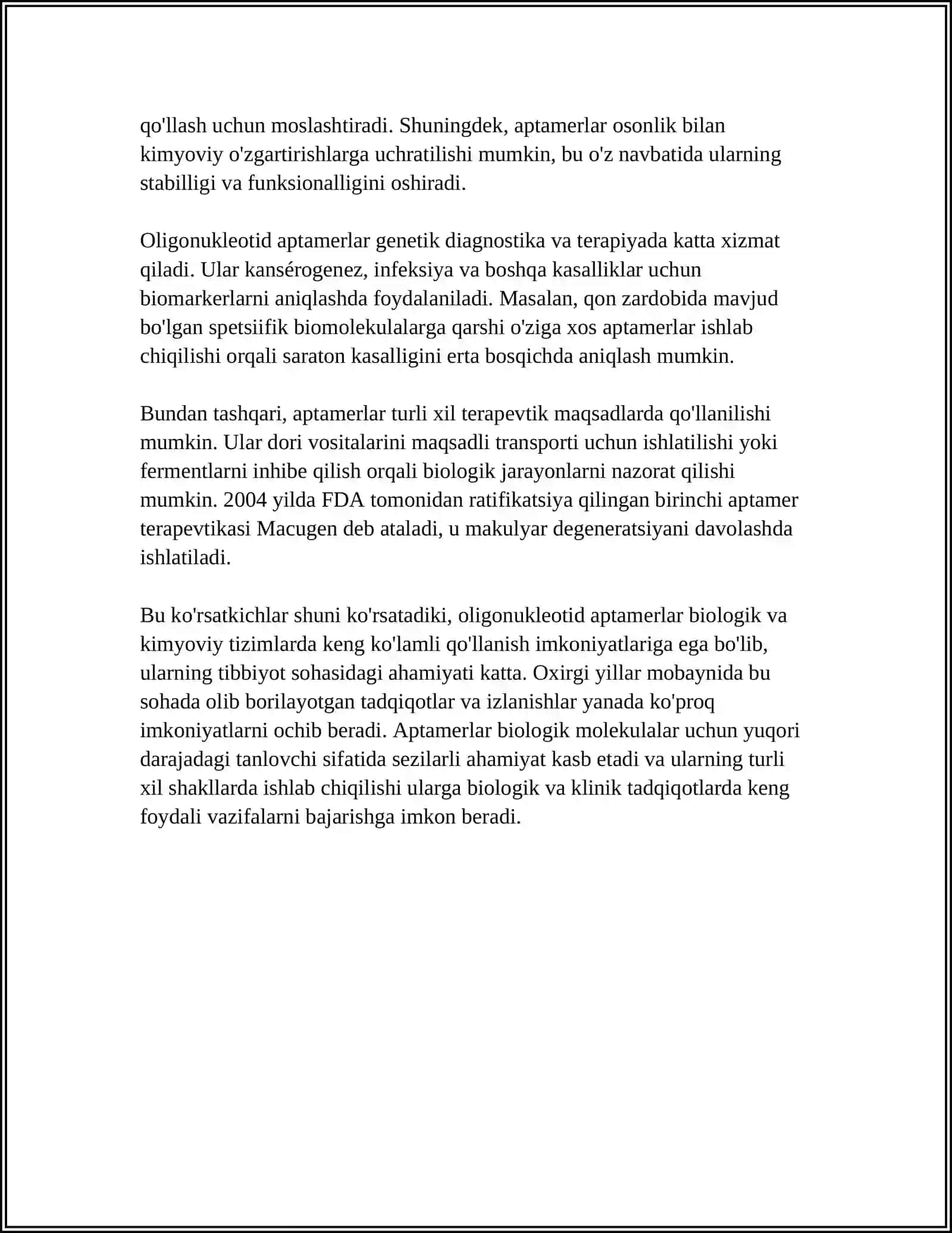 OLIGONUKLEOTID APTAMERLARI. ULARNING QABUL QILINISHI VA ISHLATILISHI 4