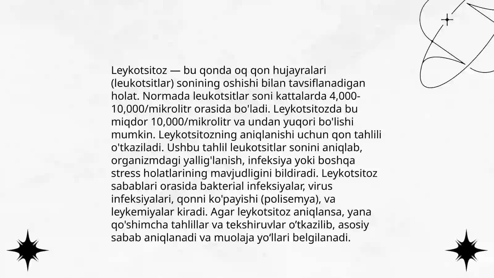 Oq qon patologiyasi.Leykositoz va leykopeniya etiologiyasi va patogenezi 4