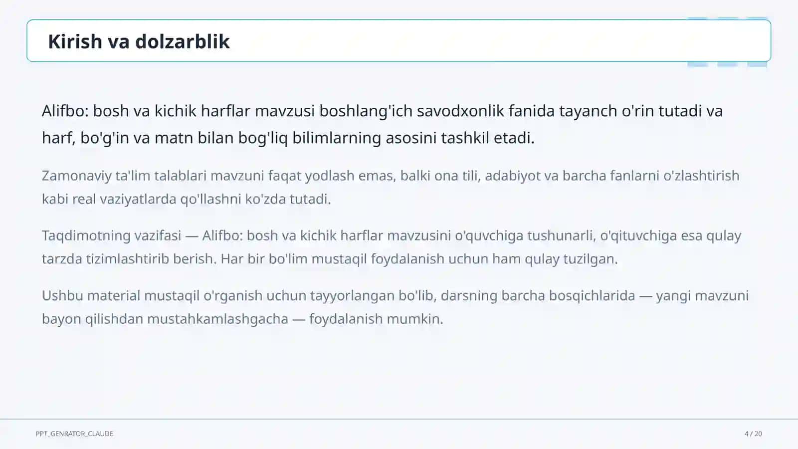 Boshlang'ich sinf: Ona tili va o'qish (1–4) 4