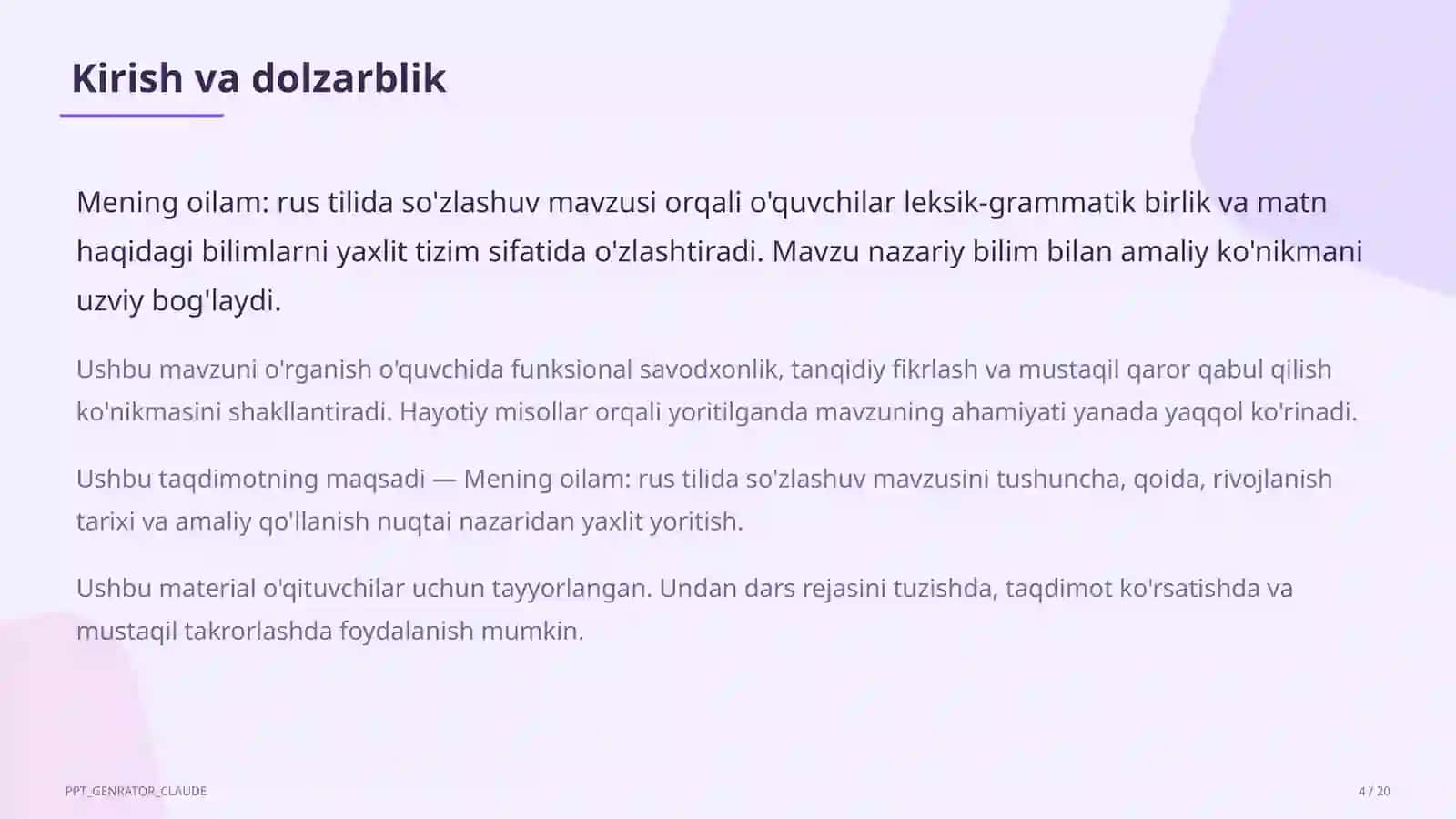 Mening oilam: rus tilida so'zlashuv (3-sinf) 4