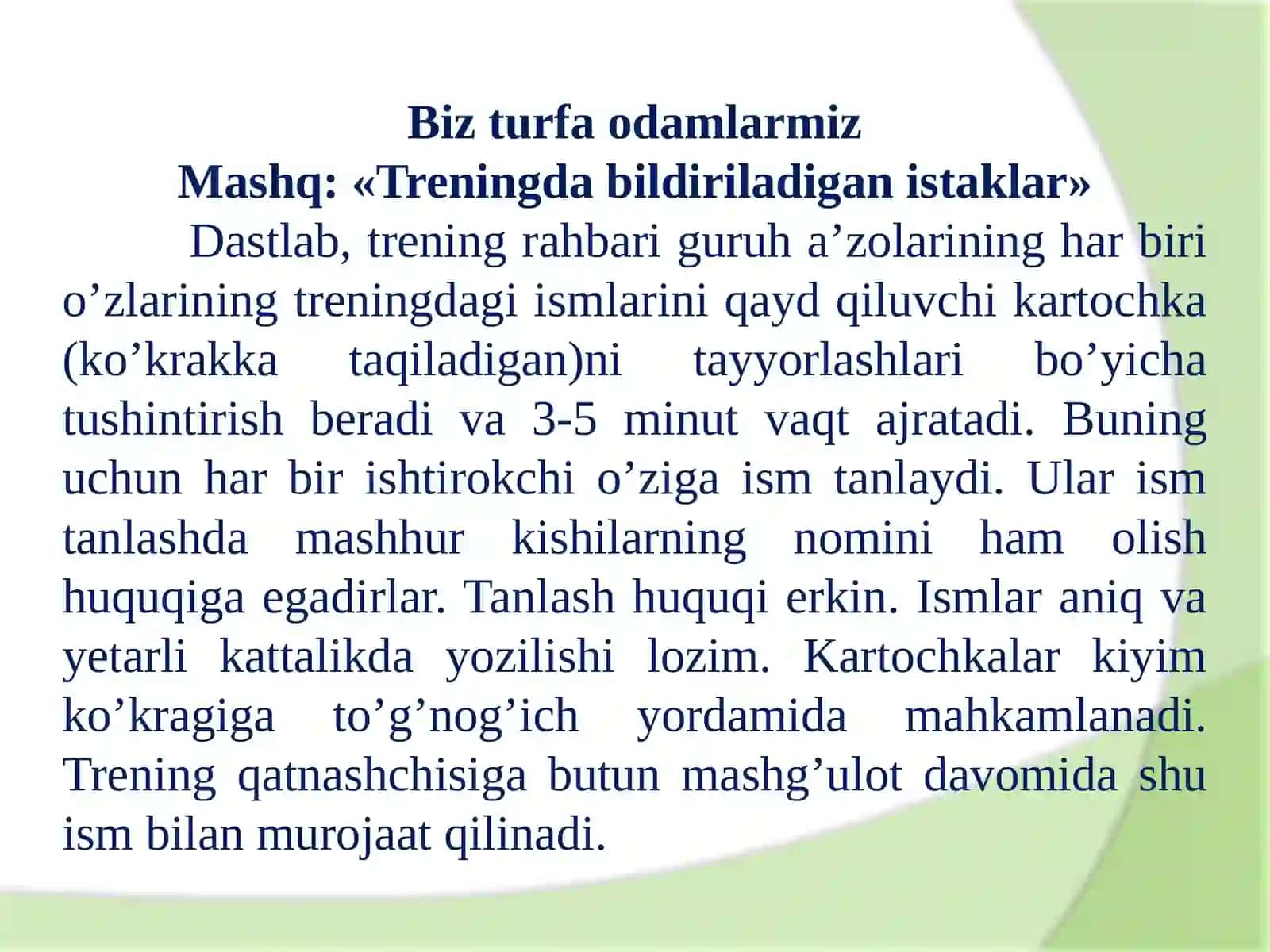 O‘quvchilarni hamkorlikda ishlashga, ulardagi emotsional zo‘riqishlarni bartaraf etishga doir trening mashg‘ulotlari 4