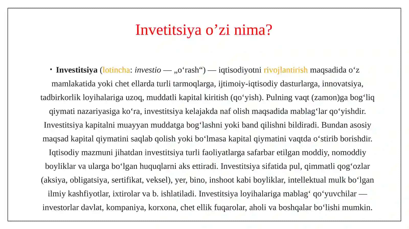 Investitsiya va uning xavfsizlikning o'ziga xos xususiyati 4