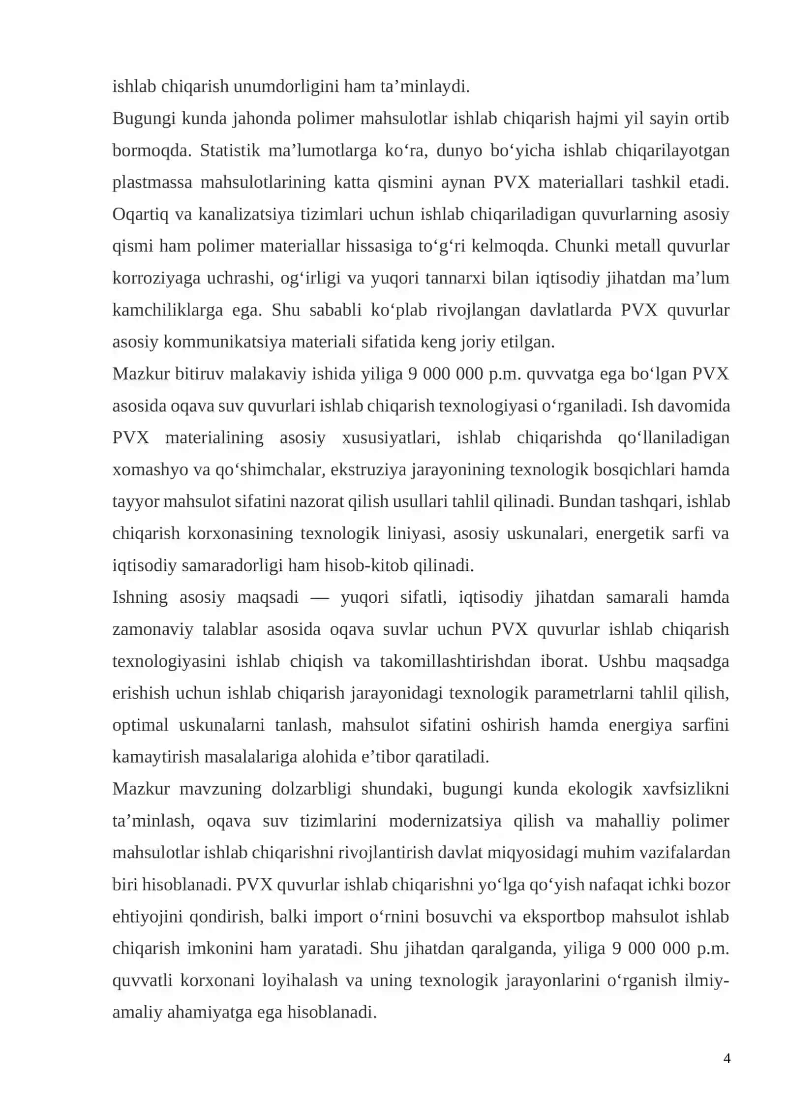 PVX asosida oqava suvlar uchun quvur ishlab chiqarish texnologiyasi(ishlab chiqarish quvvati yiliga 9 000 000 p.m.) 4