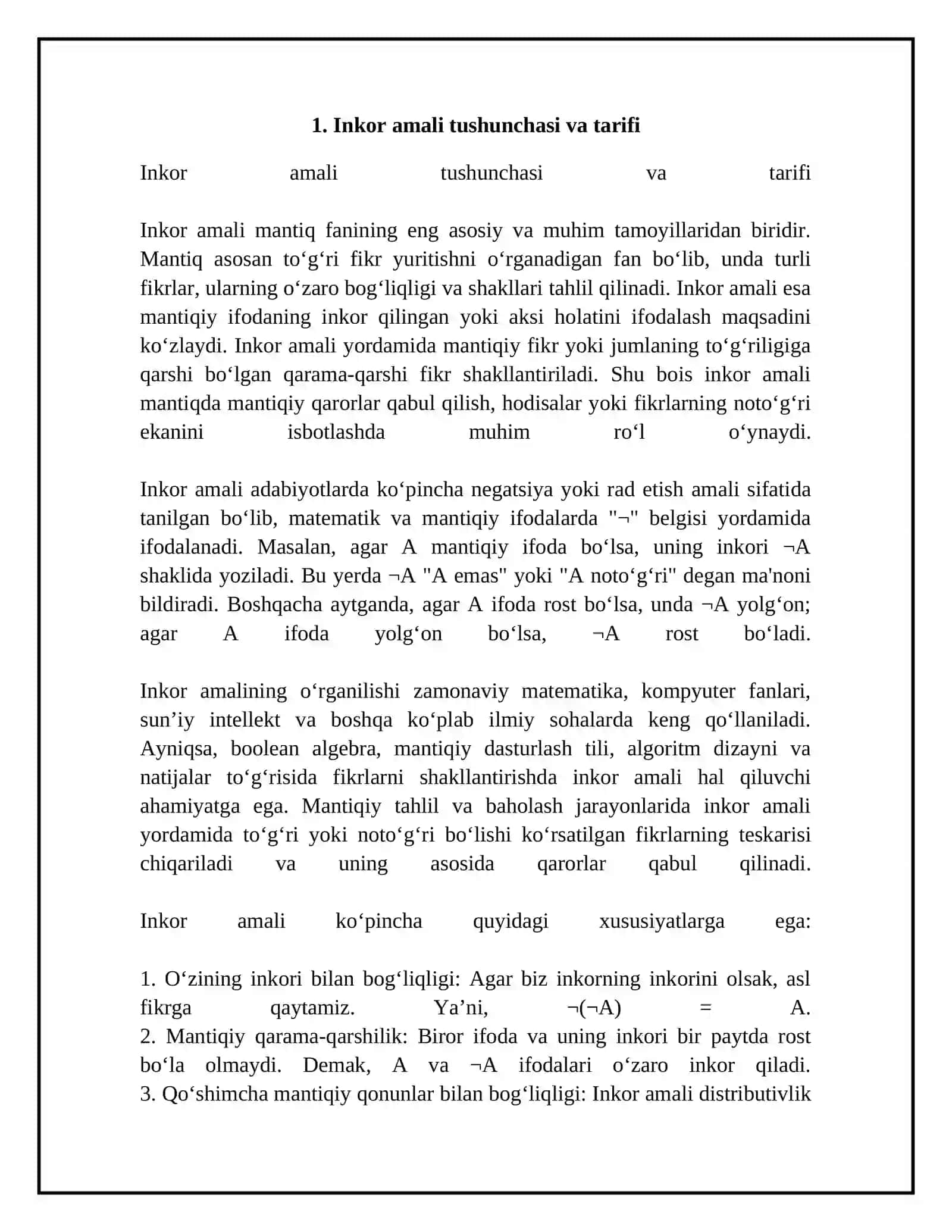 Inkor amali tarifi va masalalari va formulasi bilan kerak 1 lest boʻsin yozishga 4