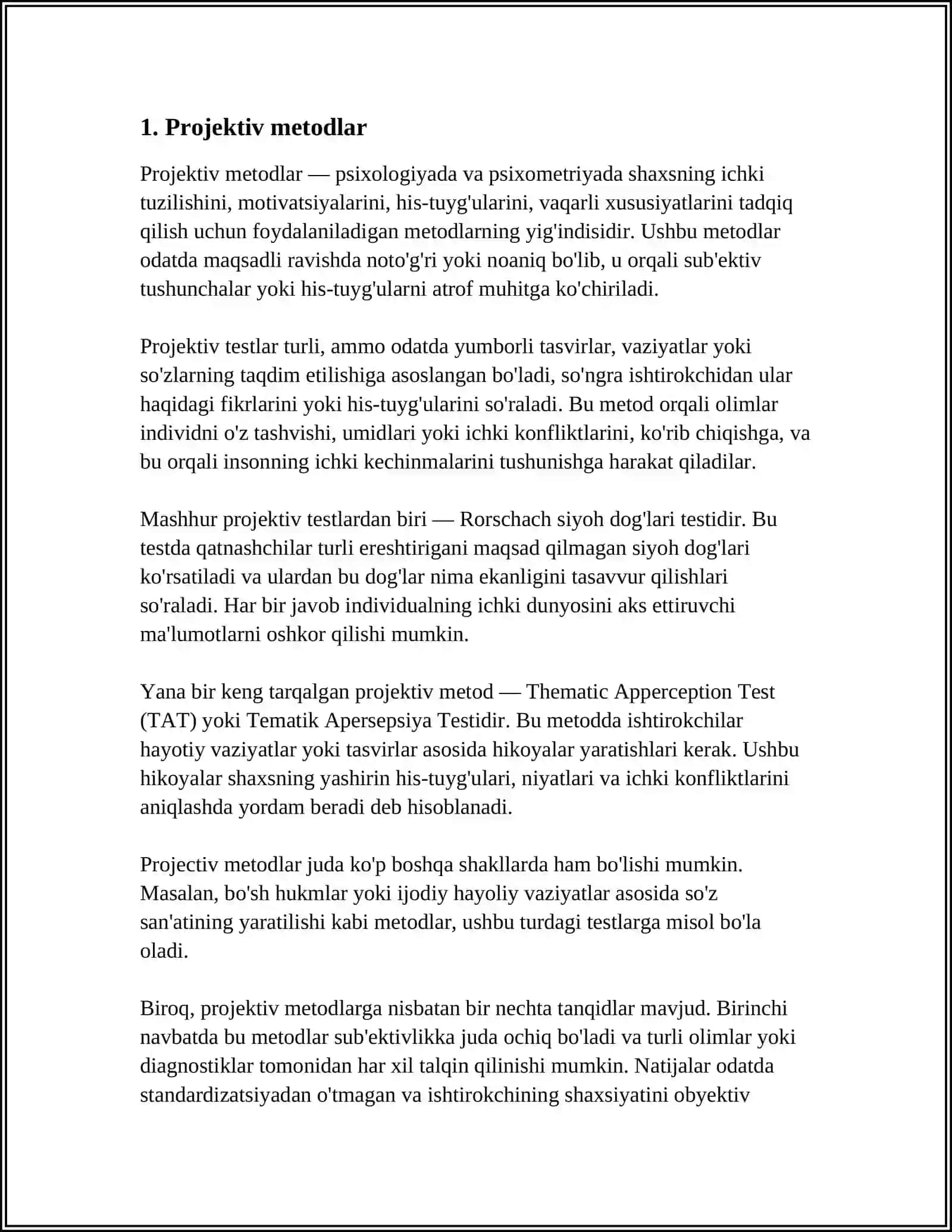 SHAXS PSIXODIAGNOSTIKASIDA QO'LLANILADIGAN METODLAR TASNIFI 4