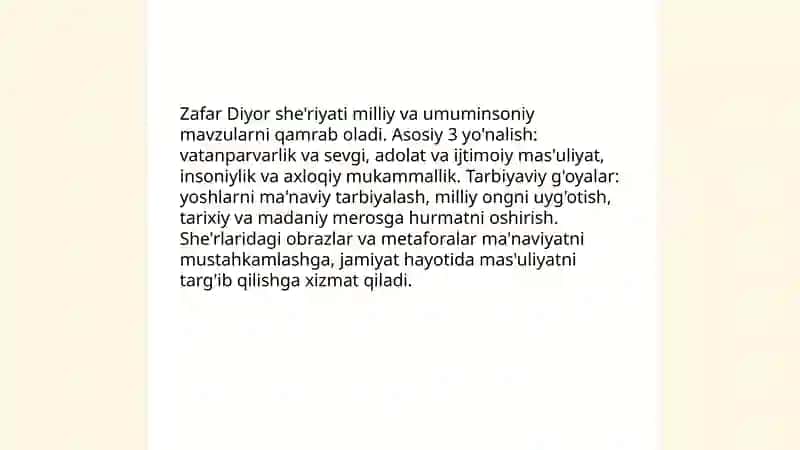 Zafar Diyor ijodi she'riyati, dostonlari dramatik asarlarining tarbiyaviy ahamiyati haqida taqdimot 4