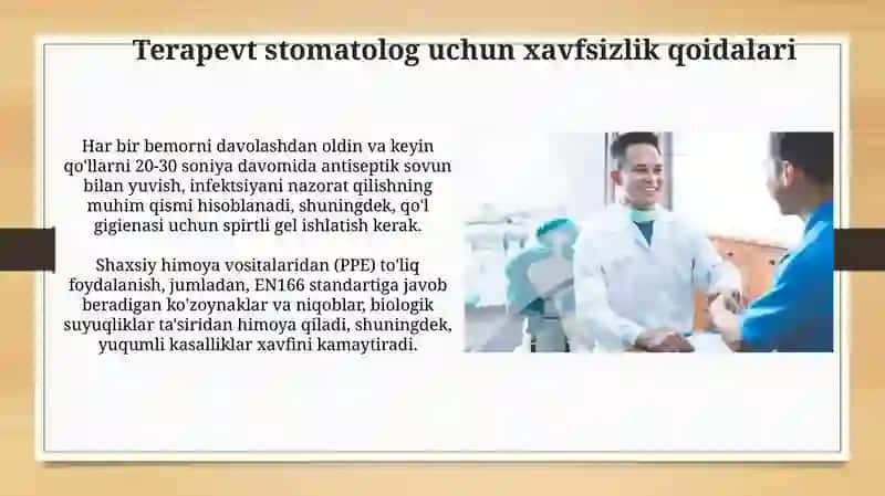 Tish qattiq to'qimalarini charxlash asoslari va terapevt stomatolog uchun xavfsizlik qoidalari 4