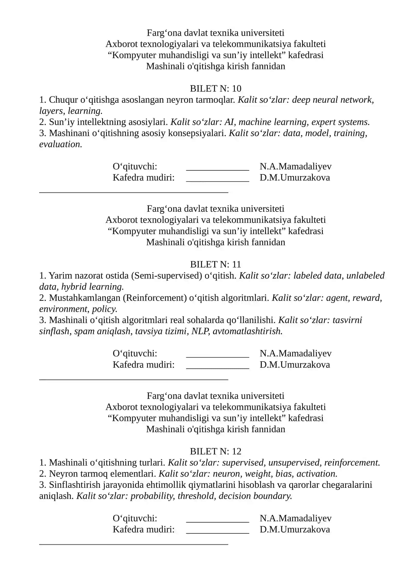 Mashinali o'qitishga kirish fannidan - Bilet N: 1 4