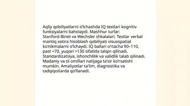 Test metodi. Tafakkur va intellektual qobiliyatlar 4